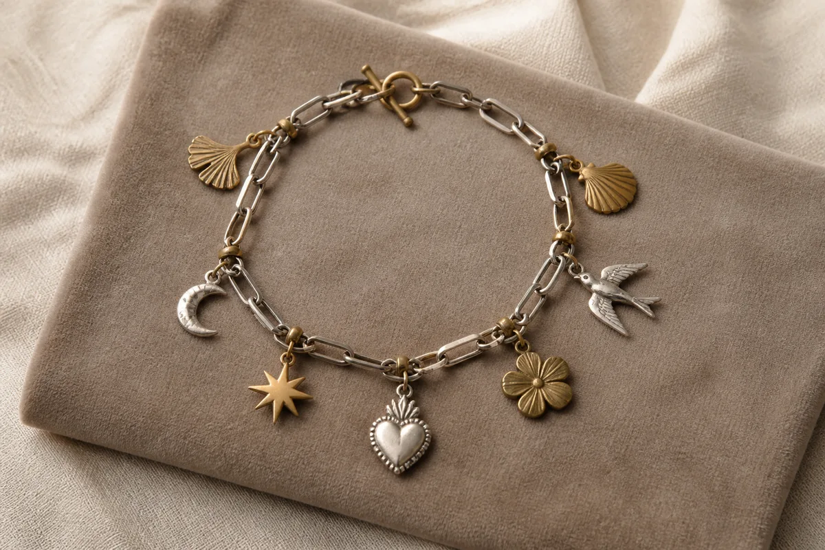 Poignet portant un bracelet à breloques, main posée sur une table claire