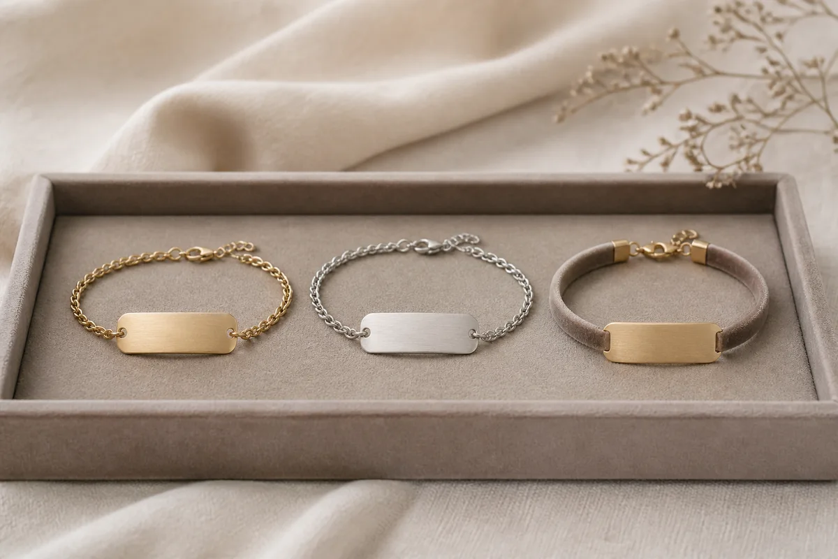 Trois bracelets à plaque de matières différentes alignés sur un plateau