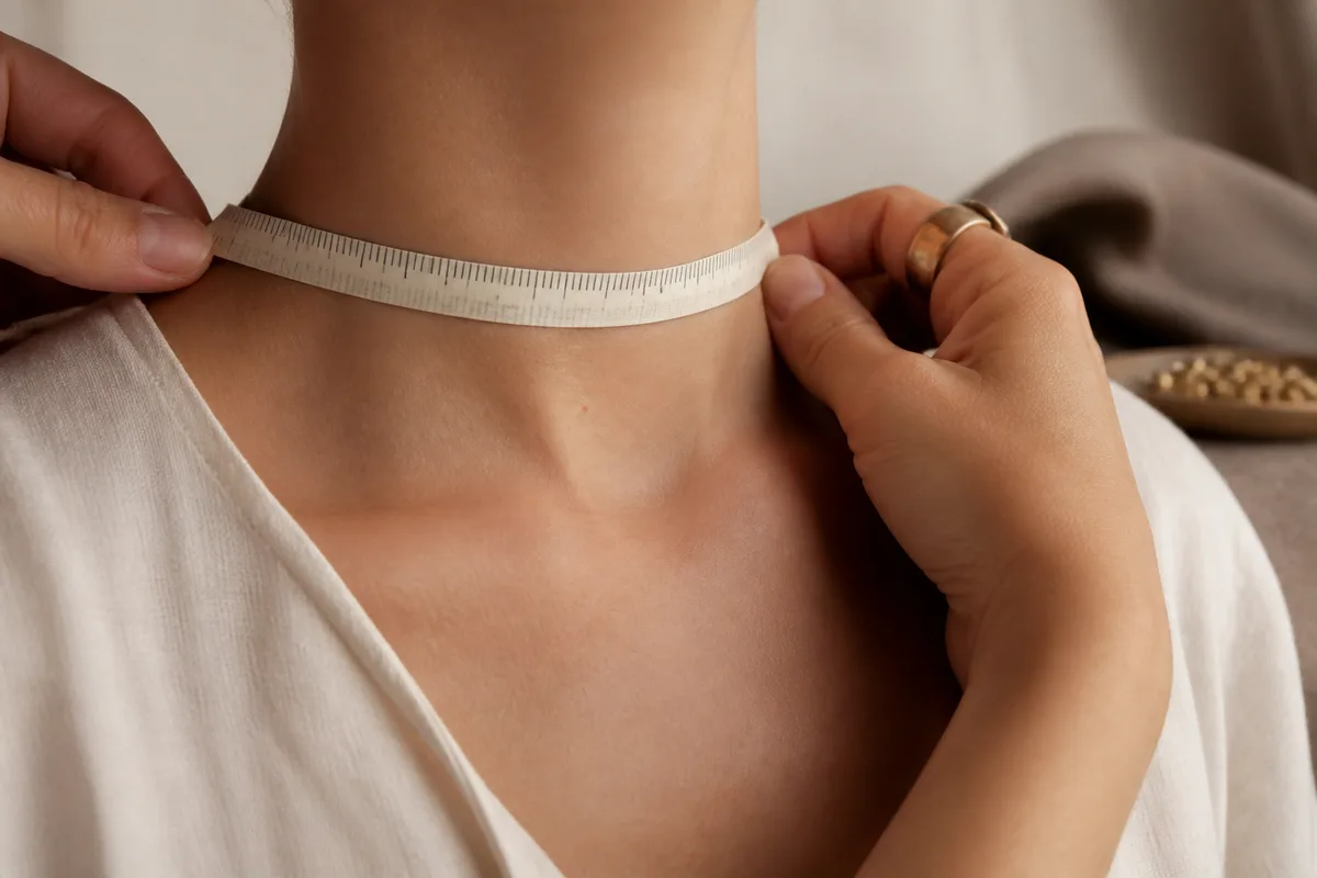 Ruban de couturière posé autour d’un cou pour mesurer la longueur d’un collier
