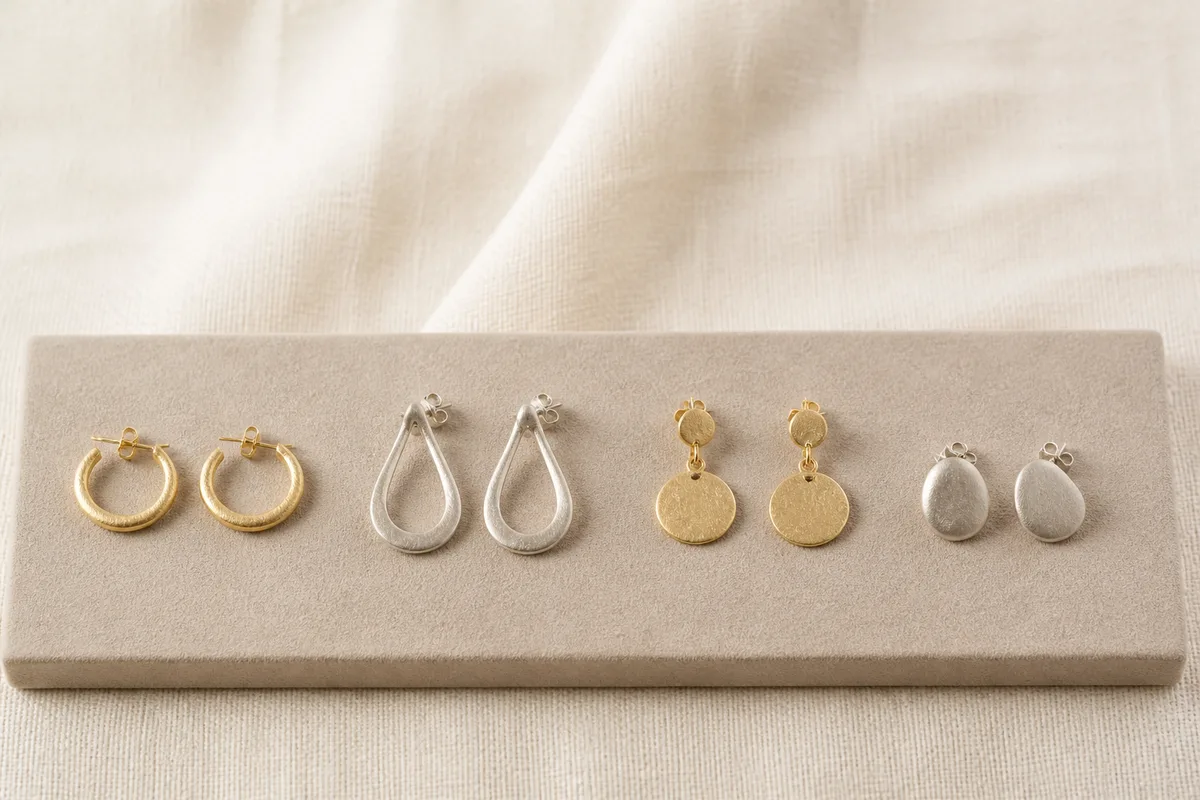 Quatre paires de boucles d&rsquo;oreilles alignées sur un plateau de velours clair
