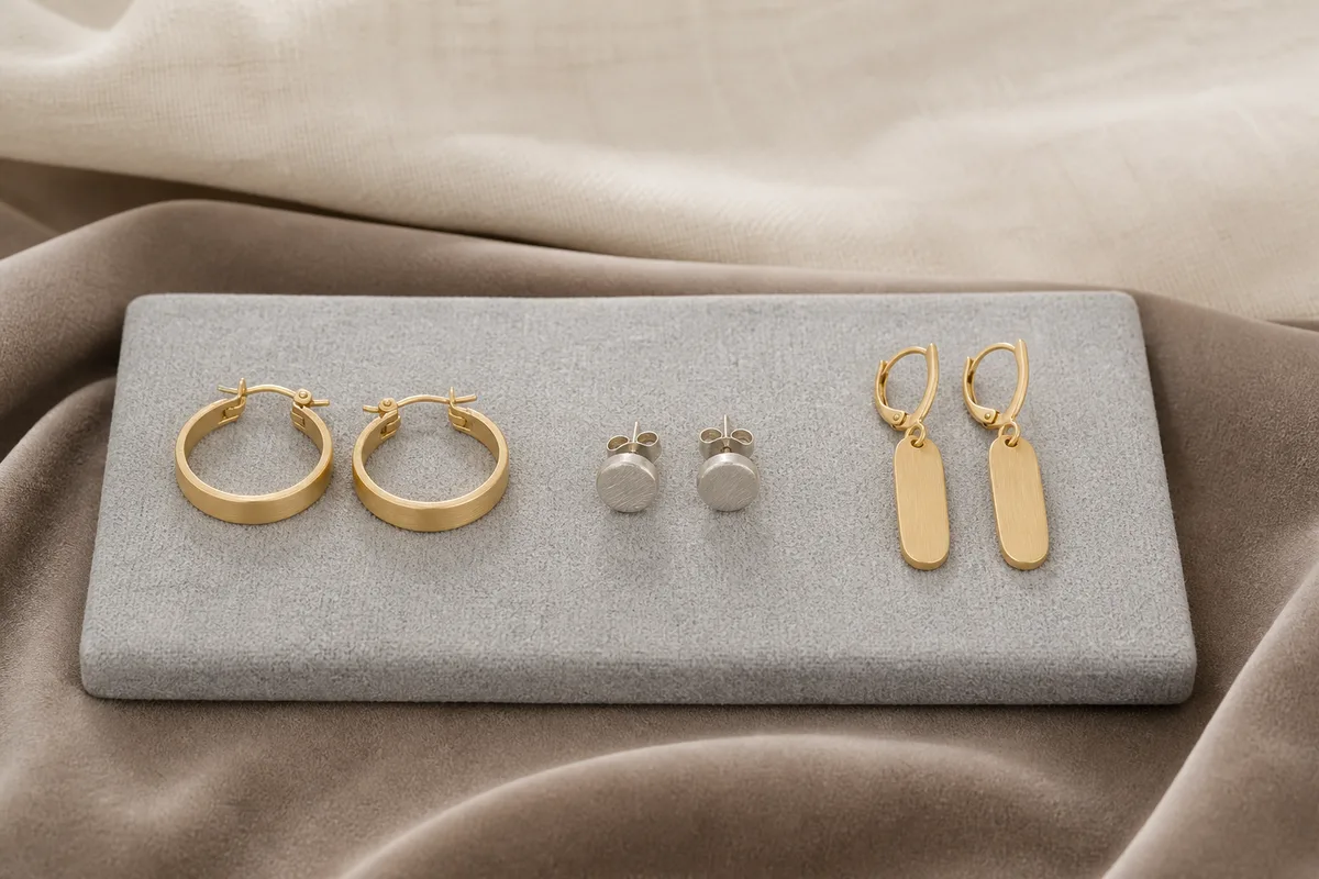 Détail d&rsquo;un système d&rsquo;attache de boucle d&rsquo;oreille tenu entre deux doigts