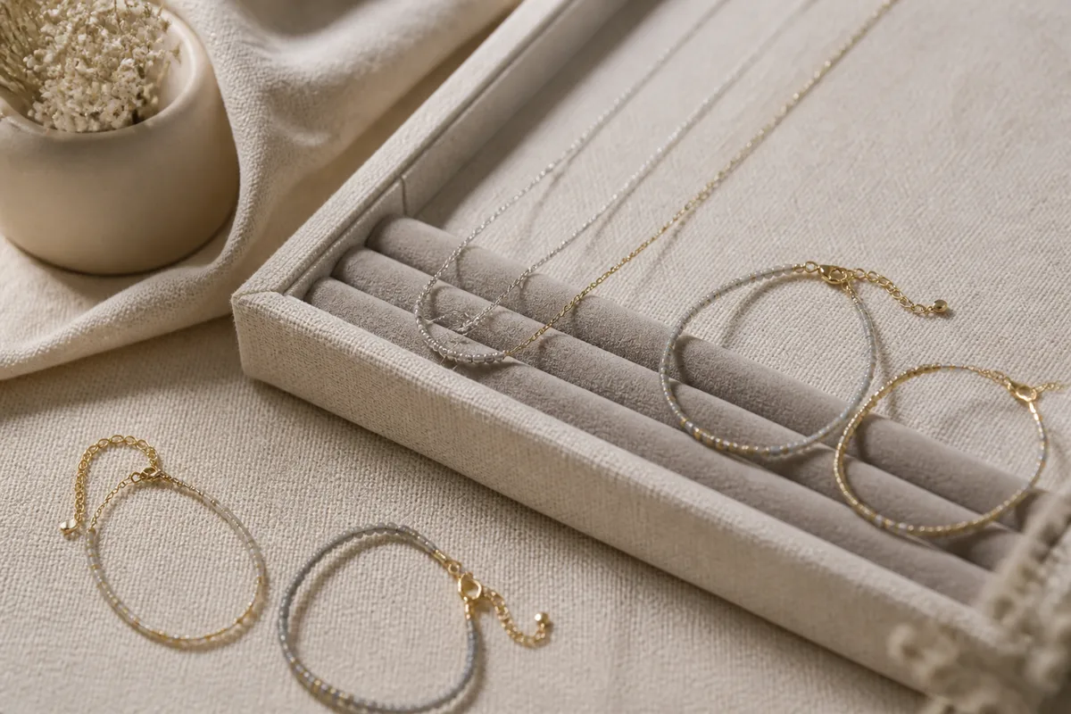 Colliers et bracelets fins posés côte à côte sur un fond clair, en lumière rasante
