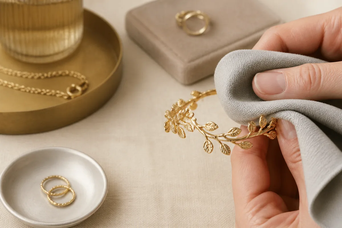 Bijou doré nettoyé délicatement avec un chiffon en microfibre