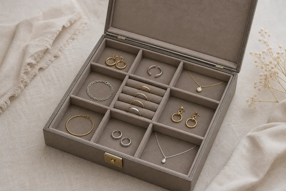 Bijoux rangés séparément dans les compartiments doublés d&rsquo;une boîte