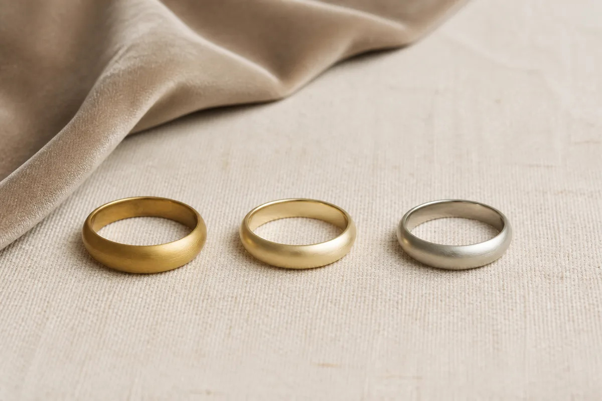 Trois bagues de teintes dorées différentes posées côte à côte sur du lin