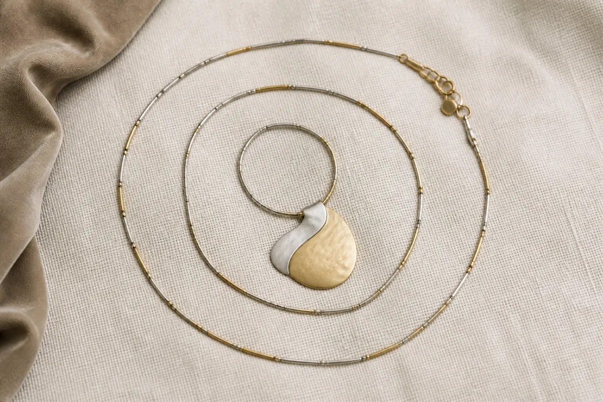Collier à pendentif posé à plat, chaîne déployée en spirale